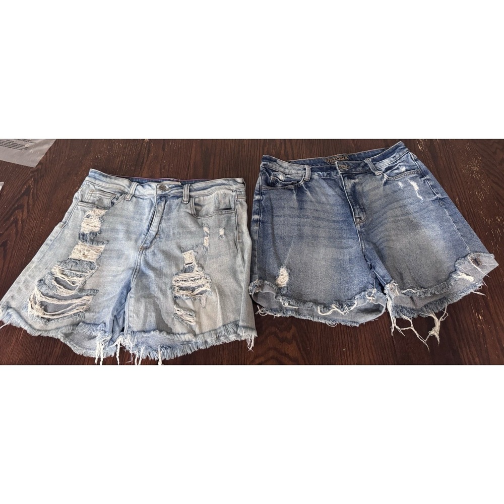 Lot of 2 Women Longer Denim Shorts Size 13 Cello & Arizona‎ Cut-offs Holes Jean